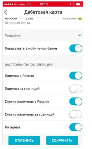 Настройки отображения дебетовой карты.